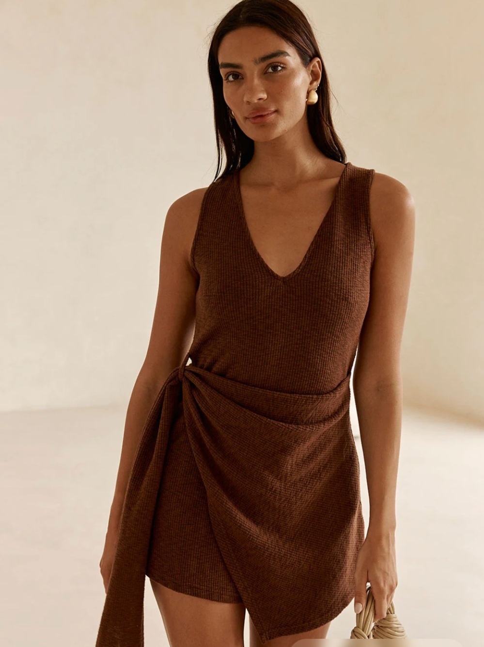 Sabo Skirt Brown Sleeveless V-Neck Mini Dress with Side Tie